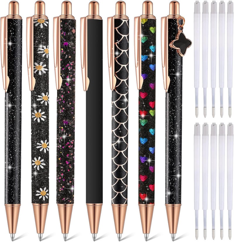 Sherr 7 Pcs Fancy Pens for Women Cute Sparkly Glitter Pens with 10 Pcs Black Ink Refills Pretty Gifts for Girls Office School Christmas Graduation(Simple) - Image 1